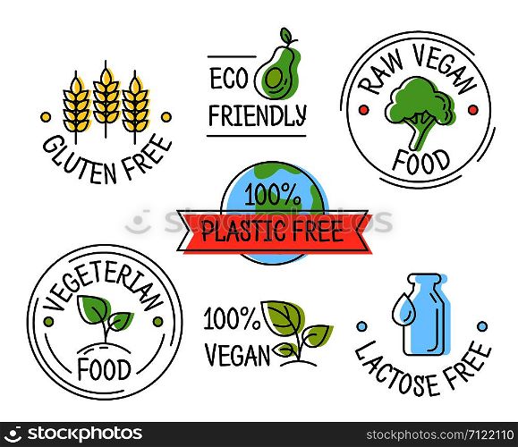 Set of eco logo line style icons, gluten, plastic, lactose free labels, vegetarian and vegan food, sticker template for product packaging vector illustration. Set of line eco logo icons, gluten, plastic, lactose free labels, vegetarian food