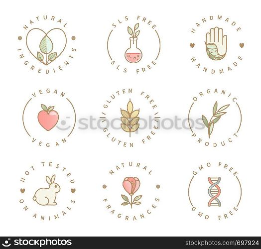 Set of eco product logos, natural organic healthy food and drink icons,labels for restaurant menu, packaging,packing.Healthy lifestyle. Handmade, gluten, sls and gmo free, not tested on animals.Vector. Set of eco product logos, natural organic icons.