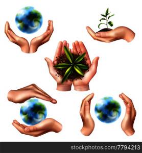 Set of ecology symbols with realistic female hands, globe and green sprout in ground isolated vector illustration. Ecology Symbols With Realistic Hands