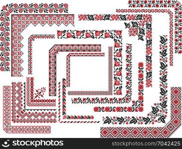 Set of editable ethnic patterns for embroidery stitch in red and black. Corners, frames.