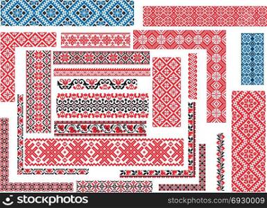 Set of editable seamless ethnic patterns for embroidery stitch in red and black. Corners, borders, frames.