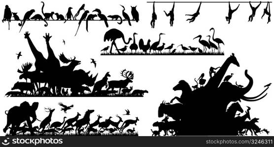 Set of editable vector animal outline foregrounds with each animal as a separate object