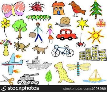 Set of editable vector illustrations of children&acute;s drawings