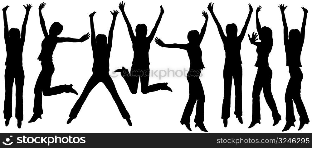 Set of editable vector silhouettes of jumping women