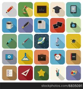 Set of education flat icon set with long shaddow against white background