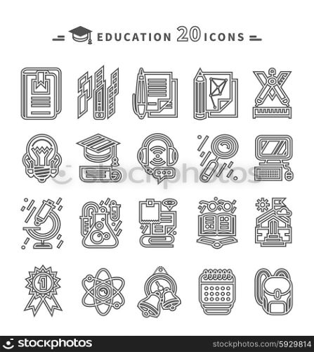 Set of education thin, lines, outline icons. Items for study ruler, pencil, microscope, backpack computer, flasks, glasses. For web and mobile applications