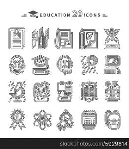 Set of education thin, lines, outline icons. Items for study ruler, pencil, microscope, backpack computer, flasks, glasses. For web and mobile applications