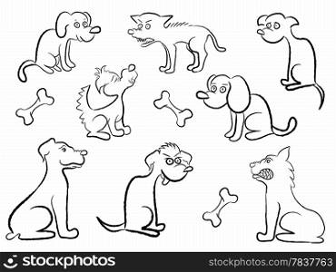 Set of eight black contour of various cartoon dogs, hand drawing vector illustration