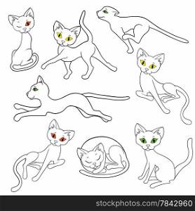 Set of eight contours of funny cats isolated on a white background, hand drawing cartoon vector illustration