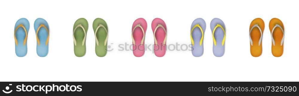 Set of eight different colors of beach slippers.