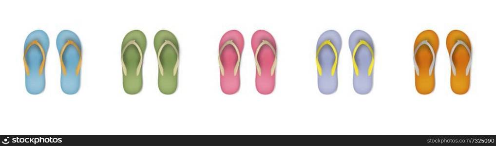Set of eight different colors of beach slippers.