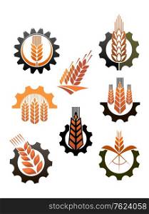 Set of eight different icons depicting industry and agriculture with ripe golden ears of wheat and toothed cogs or ear wheels. Set of icons depicting industry and agriculture