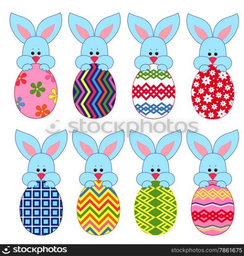 Set of eight little Bunnies with ornamental Easter eggs, hand drawing vector illustration