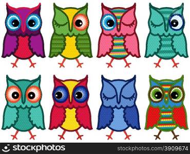 Set of eight motley amusing owls with circle elements isolated over white background, cartoon vector illustration
