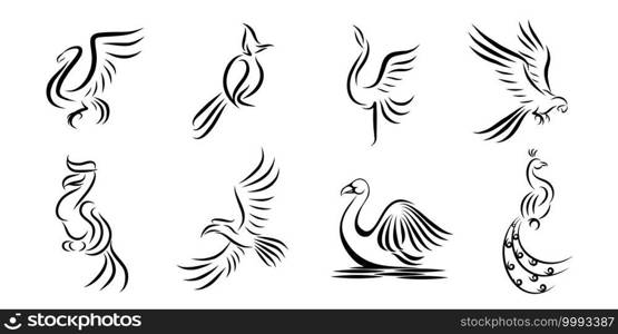 Set of eight vector images of different birds. Line drawing Can be used as a symbol Marks or logos are acceptable.