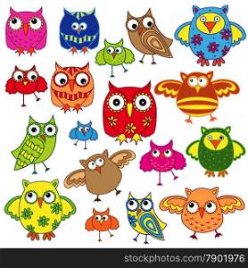 Set of eighty colourful vector owls isolated on white background. Set of eighty colourful owls