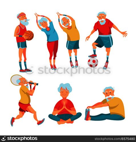 Set of elderly athletes. Older people lead a healthy and active lifestyle. Older men and women do yoga, play tennis, play basketball and football. Vector illustration in cartoon style.