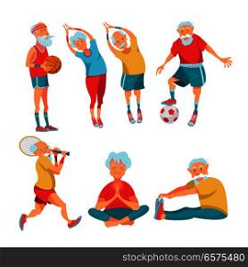 Set of elderly athletes. Older people lead a healthy and active lifestyle. Older men and women do yoga, play tennis, play basketball and football. Vector illustration in cartoon style.