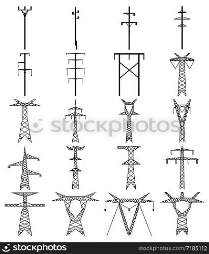 Set of electric tower line icon. High voltage electric pylon. Power line outline vector design illustration isolated on white background. Set of electric tower line icon. High voltage electric pylon.