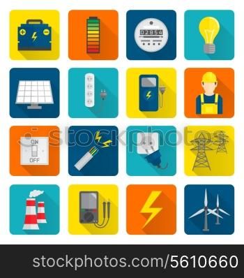 Set of electricity energy accumulator icons in flat style on squares with long shadows vector illustration