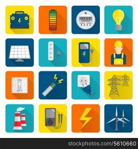 Set of electricity energy accumulator icons in flat style on squares with long shadows vector illustration