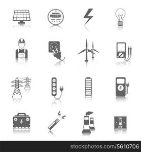 Set of electricity energy accumulator icons in grey color with reflection