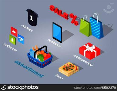 Set of electronic commerce. Vector illustration of three icons of software, assortment of products, italian food, accessories in red present, mobile phone of technics, summer clothes, interest sale.. Set of Electronic Commerce Flat and Shadow Theme