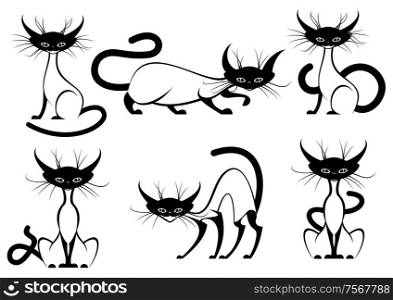 Set of elegant black and white cartoon vector cats with black heads, feet and tail in various poses