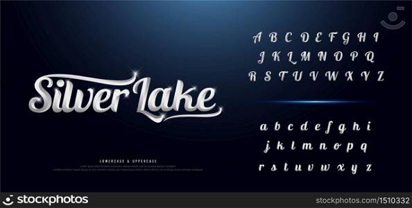 Set of Elegant silver Colored Metal Chrome alphabet font. Typography classic style serif font set for logo, Poster, Invitation. vector illustration