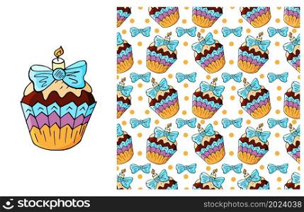 Set of element and seamless pattern. Cupcake, muffin. Ideal for children&rsquo;s clothing. Sweet pastries. Can be used for fabric and etc. Cupcake, muffin. Set of element and seamless pattern