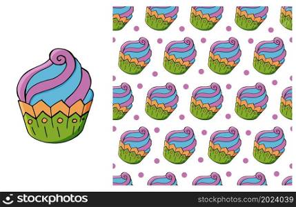 Set of element and seamless pattern. Cupcake, muffin. Ideal for children&rsquo;s clothing. Sweet pastries. Can be used for fabric, packaging, wrapping paper and etc. Cupcake, muffin. Set of element and seamless pattern