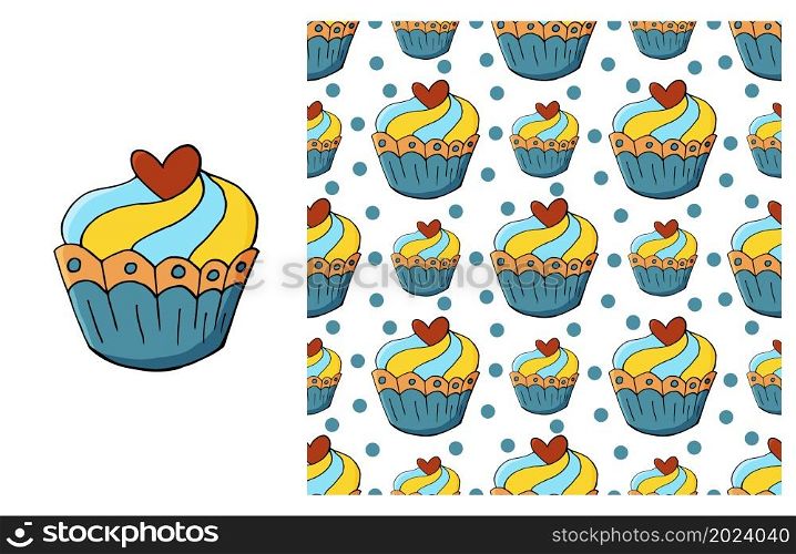 Set of element and seamless pattern. Cupcake, muffin. Ideal for children&rsquo;s clothing. Sweet pastries. Can be used for fabric, wrapping and etc. Cupcake, muffin. Set of element and seamless pattern