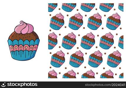 Set of element and seamless pattern. Cupcake, muffin. Ideal for children&rsquo;s clothing. Sweet pastries. Can be used for fabric, wrapping paper and etc. Cupcake, muffin. Set of element and seamless pattern