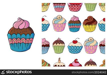 Set of element and seamless pattern. Cupcake, muffin. Ideal for children&rsquo;s clothing. Sweet pastries. Can be used for fabric. Cupcake, muffin. Set of element and seamless pattern