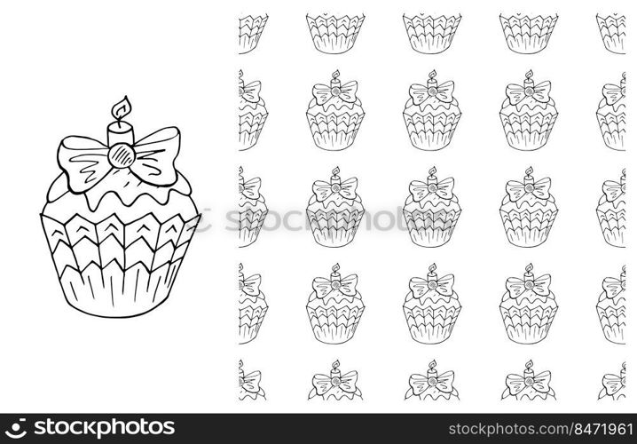 Set of element and seamless pattern. Ideal for children&rsquo;s clothing. Coloring. Muffin. Coloring Cupcake. Set of element and seamless pattern