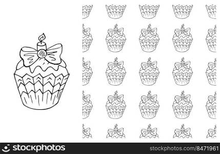 Set of element and seamless pattern. Ideal for children&rsquo;s clothing. Coloring. Muffin. Coloring Cupcake. Set of element and seamless pattern