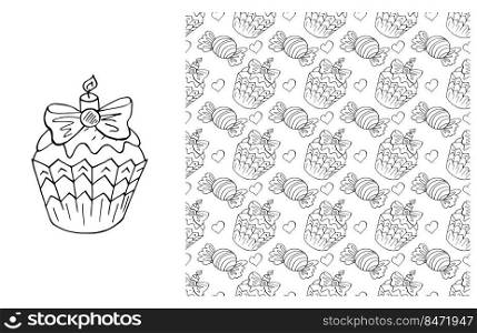 Set of element and seamless pattern. Ideal for children&rsquo;s clothing. Cupcake. Coloring. Coloring Cupcake. Set of element and seamless pattern