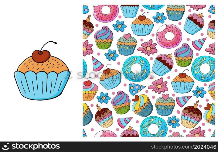 Set of element and seamless pattern. Ideal for children&rsquo;s clothing. Cupcake, muffin. Sweet pastries. Can be used for fabric and etc. Cupcake, muffin. Set of element and seamless pattern
