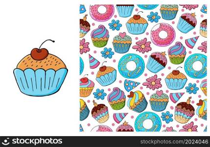 Set of element and seamless pattern. Ideal for children&rsquo;s clothing. Cupcake, muffin. Sweet pastries. Can be used for fabric and etc. Cupcake, muffin. Set of element and seamless pattern