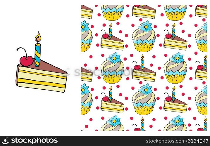 Set of element and seamless pattern. Ideal for children&rsquo;s clothing. Cupcake, muffin. Sweet pastries. Can be used for fabric, packaging, wrapping paper and etc. Cupcake, muffin. Set of element and seamless pattern