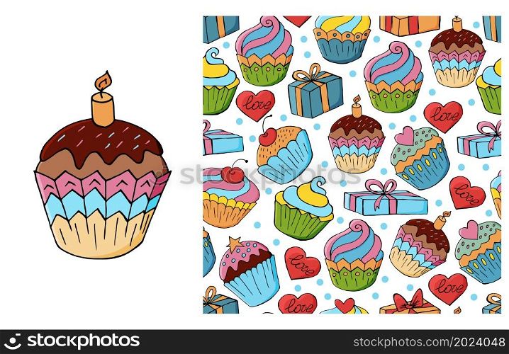 Set of element and seamless pattern. Ideal for children&rsquo;s clothing. Cupcake, muffin. Sweet pastries. Can be used for fabric, paper and etc. Cupcake, muffin. Set of element and seamless pattern