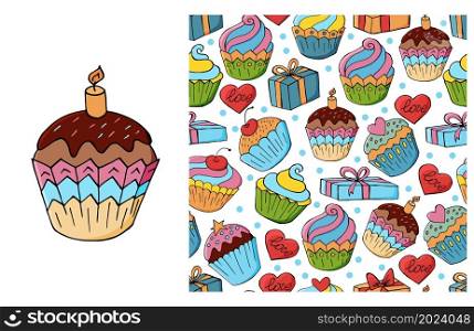 Set of element and seamless pattern. Ideal for children&rsquo;s clothing. Cupcake, muffin. Sweet pastries. Can be used for fabric, paper and etc. Cupcake, muffin. Set of element and seamless pattern