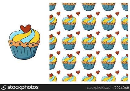 Set of element and seamless pattern. Ideal for children&rsquo;s clothing. Cupcake, muffin. Sweet pastries. Can be used for fabric, wrapping paper and etc. Cupcake, muffin. Set of element and seamless pattern