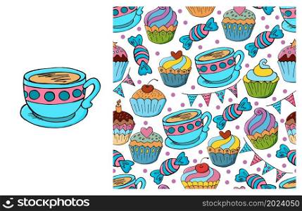 Set of element and seamless pattern. Ideal for children&rsquo;s clothing. Cupcake, muffin. Sweet pastries. Can be used for fabric. Cupcake, muffin. Set of element and seamless pattern