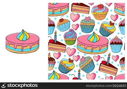 Set of element and seamless pattern. Ideal for children&rsquo;s clothing. Cupcake, muffin. Sweet pastries. Cupcake, muffin. Set of element and seamless pattern