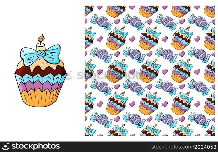 Set of element and seamless pattern. Ideal for children&rsquo;s clothing. Cupcake, muffin. Cupcake, muffin. Set of element and seamless pattern