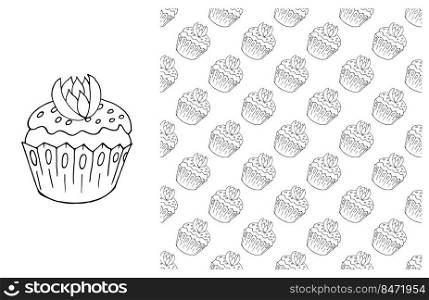 Set of element and seamless pattern. Ideal for children&rsquo;s clothing. Cupcake, muffin. Coloring. Can be used for fabric, wrapping and etc. Coloring Cupcake. Set of element and seamless pattern