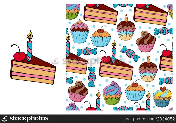 Set of element and seamless pattern. Ideal for children&rsquo;s clothing. Cupcake, muffin. Sweet. Cupcake, muffin. Set of element and seamless pattern
