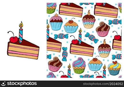 Set of element and seamless pattern. Ideal for children&rsquo;s clothing. Cupcake, muffin. Sweet. Cupcake, muffin. Set of element and seamless pattern