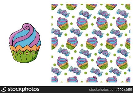 Set of element and seamless pattern. Ideal for children&rsquo;s clothing. Sweet Cupcake, muffin. Cupcake, muffin. Set of element and seamless pattern
